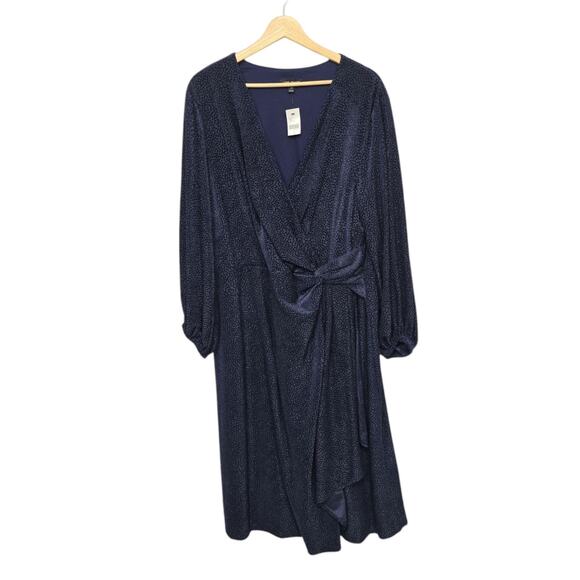 NWT Lane Bryant Navy Blue Velvet Dot Faux Wrap Balloon Sleeve Dress Plus Size 20 - Picture 1 of 10